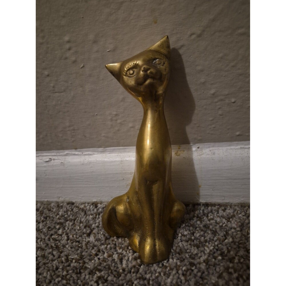 Vintage Solid Brass Cat Figurine 6.5” Statue, Mid Century Modern Eyelash